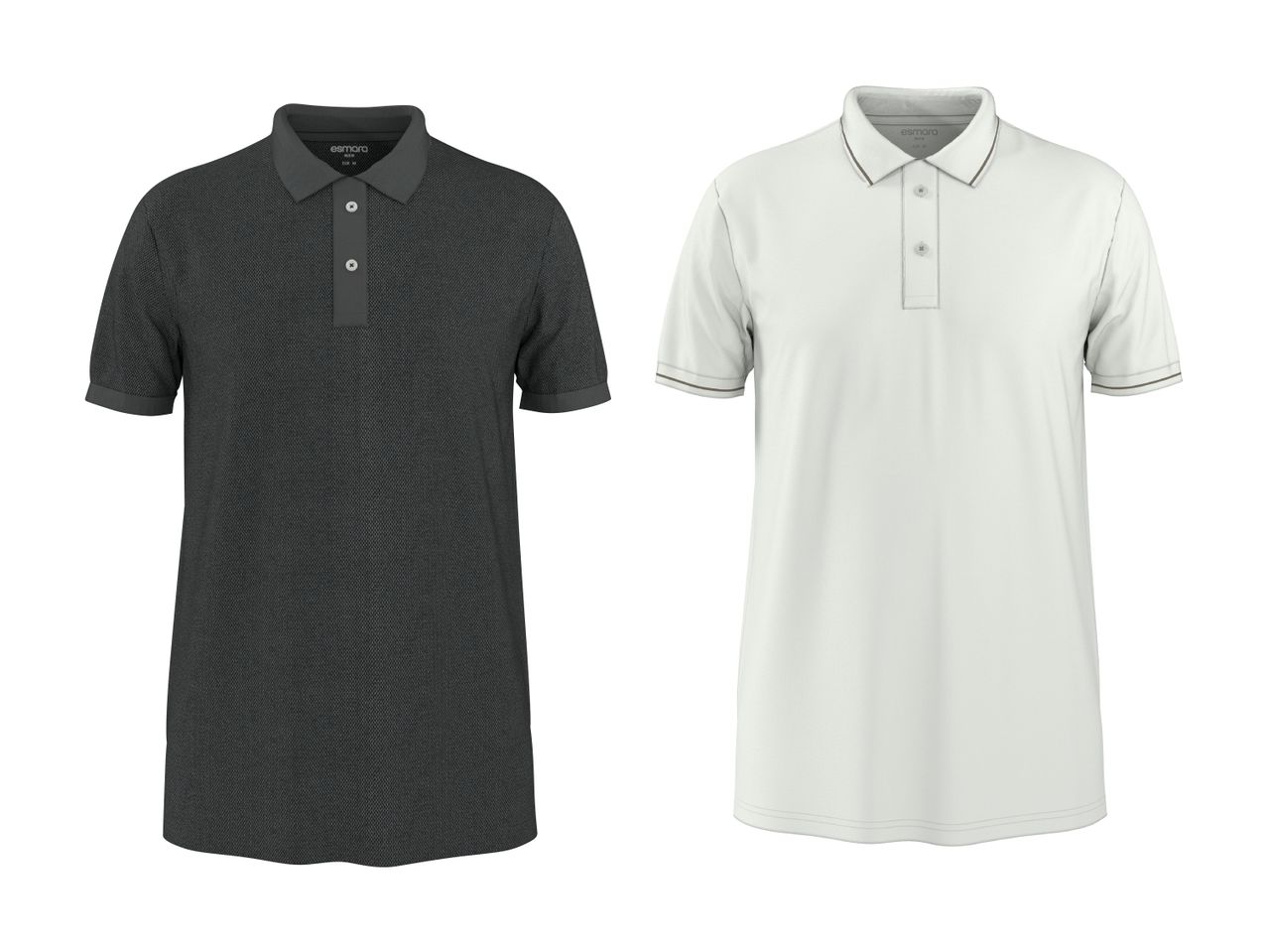 To polo t-shirts, en mørkegrå og en hvid, med knapper og krave.