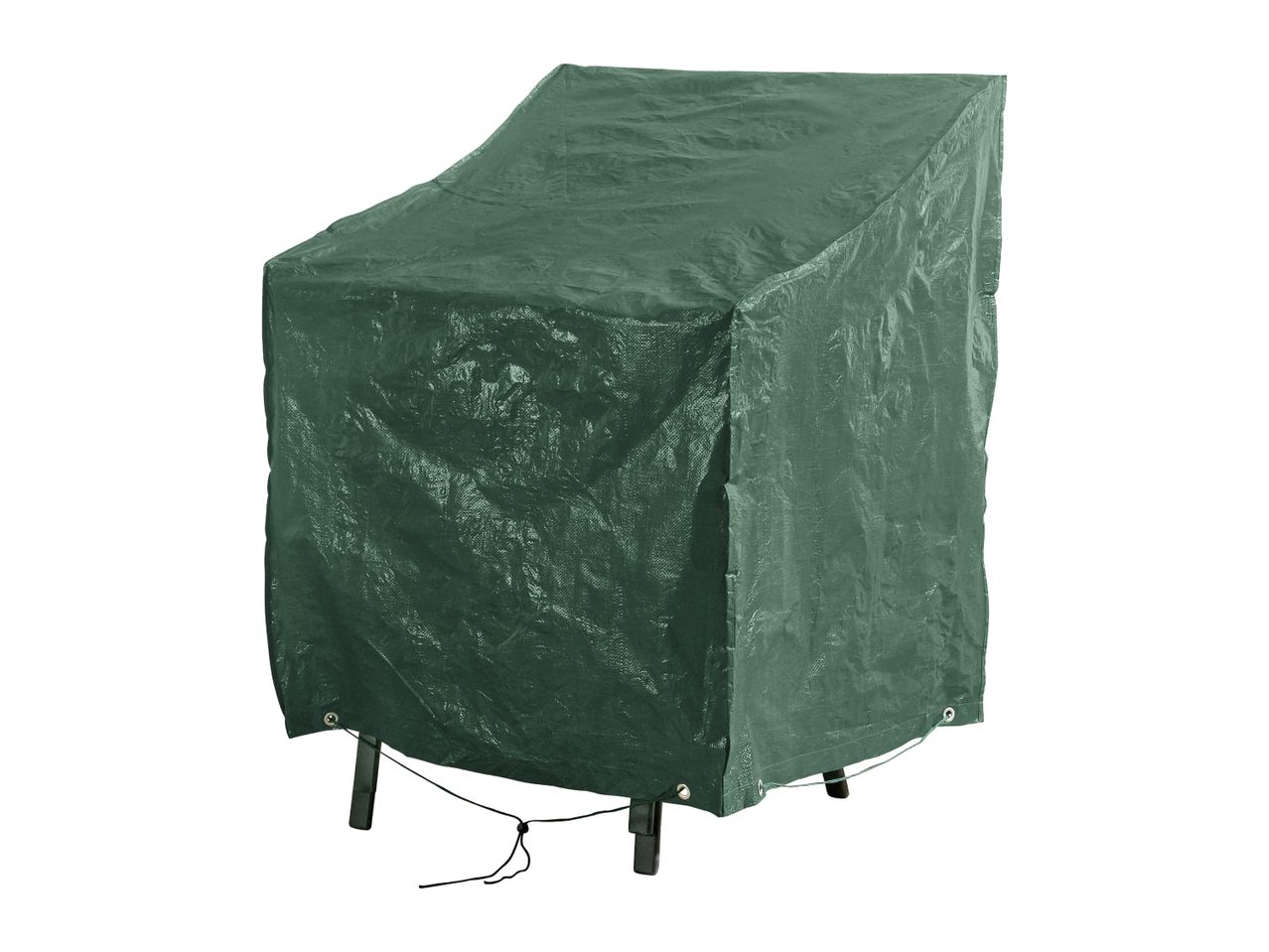 Green protective cover for garden furniture, with a drawstring at the bottom.