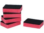Five red and black cleaning sponges stacked, with one separate sponge.