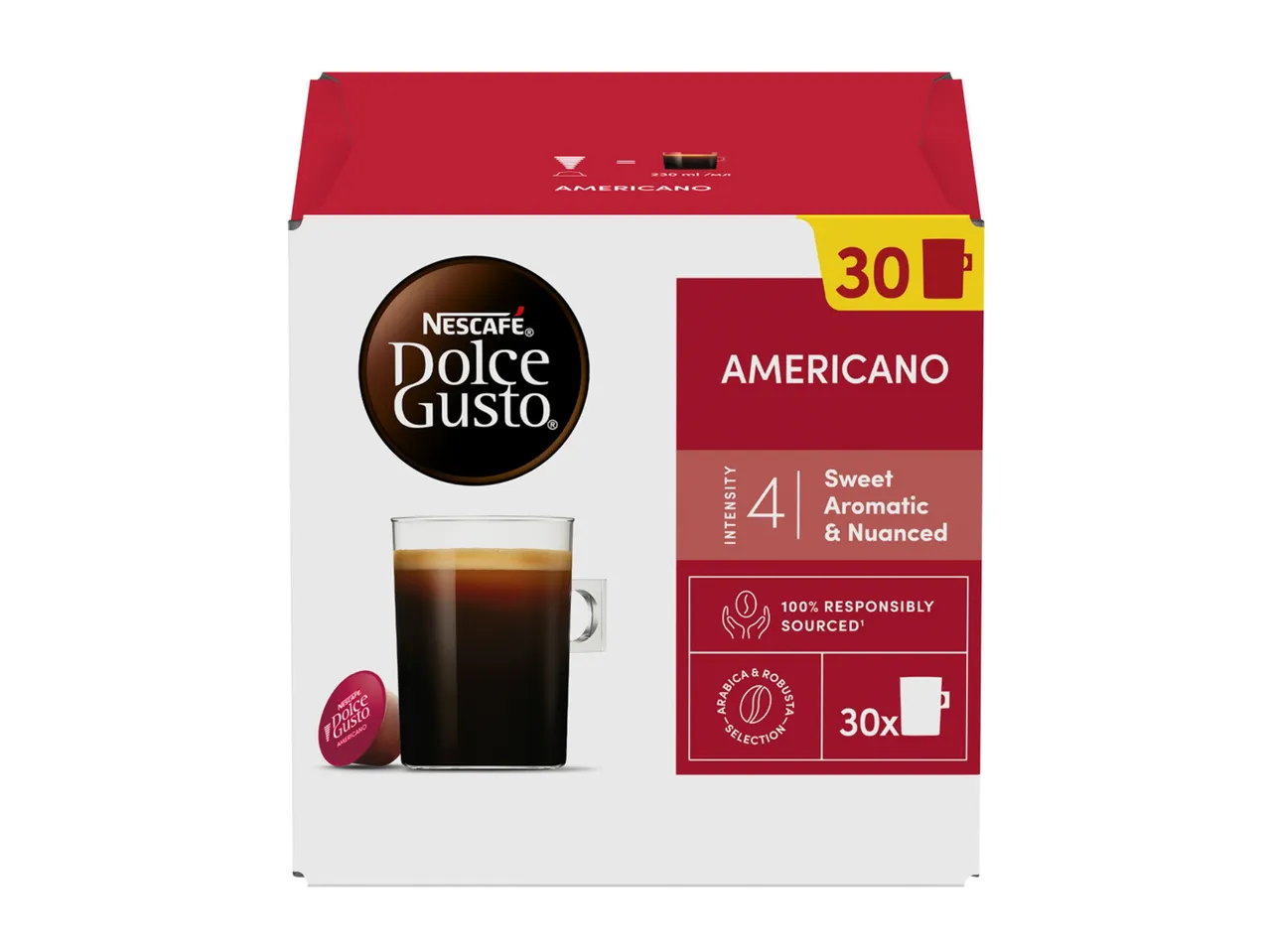 Nescafé Dolce Gusto Americano coffee pods, 30 count, intensity level 4.