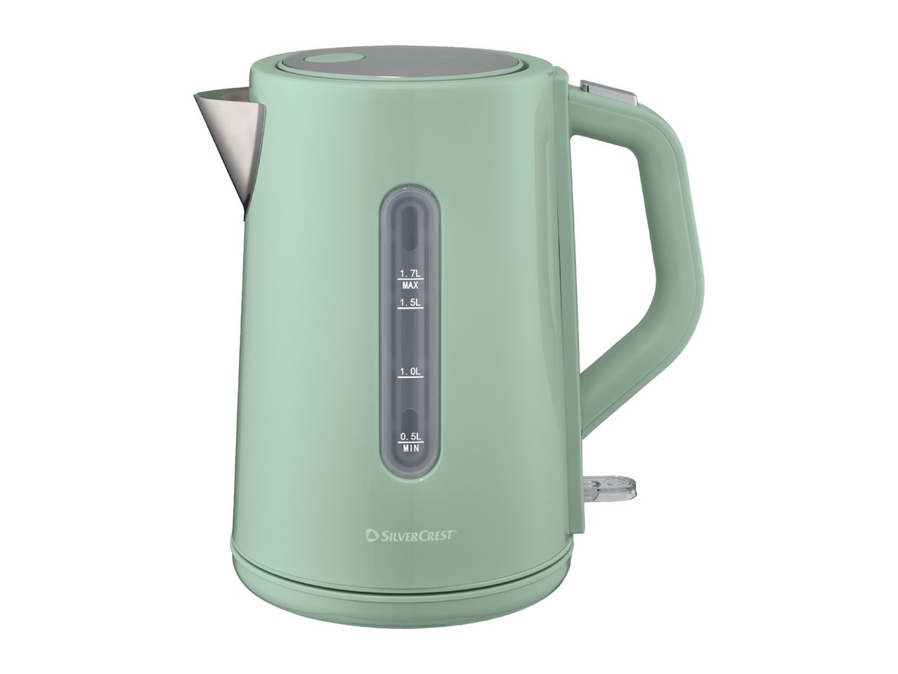 Light green electric kettle with a water level indicator and a silver spout