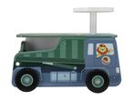 Wooden ride-on toy truck with a green dump bed and a blue cab featuring a lion driver.