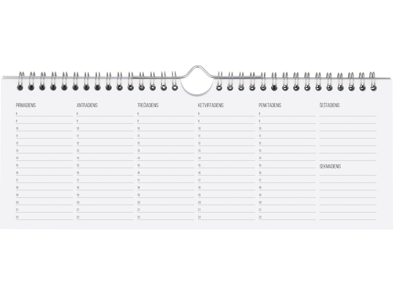 Atverstas stalo kalendorius su savaitės dienomis ir laiko juostomis nuo 8 iki 22 val.