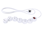 White extension cord with multiple sockets and USB.