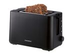 Black toaster with two slices of whole grain bread, isolated on a white background.