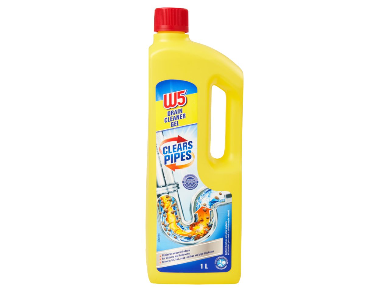 Dzeltena cauruļu tīrīšanas želejas pudele ar uzrakstu W5 Drain Cleaner Gel.