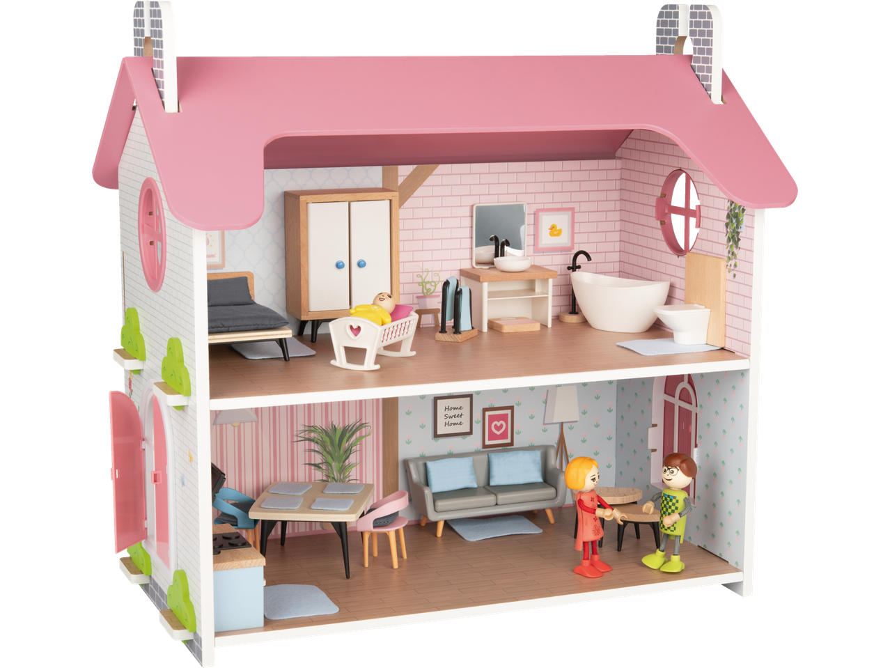 A two-story dollhouse with a pink roof, featuring a bedroom, bathroom, kitchen, and living room, with doll figures.