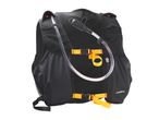 Black hydration vest with orange straps and a clear drinking tube.