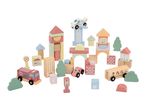 Wooden toy city set with buildings, vehicles like a fire truck, car, bus, and airplane.