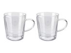 Two clear glass mugs with handles.