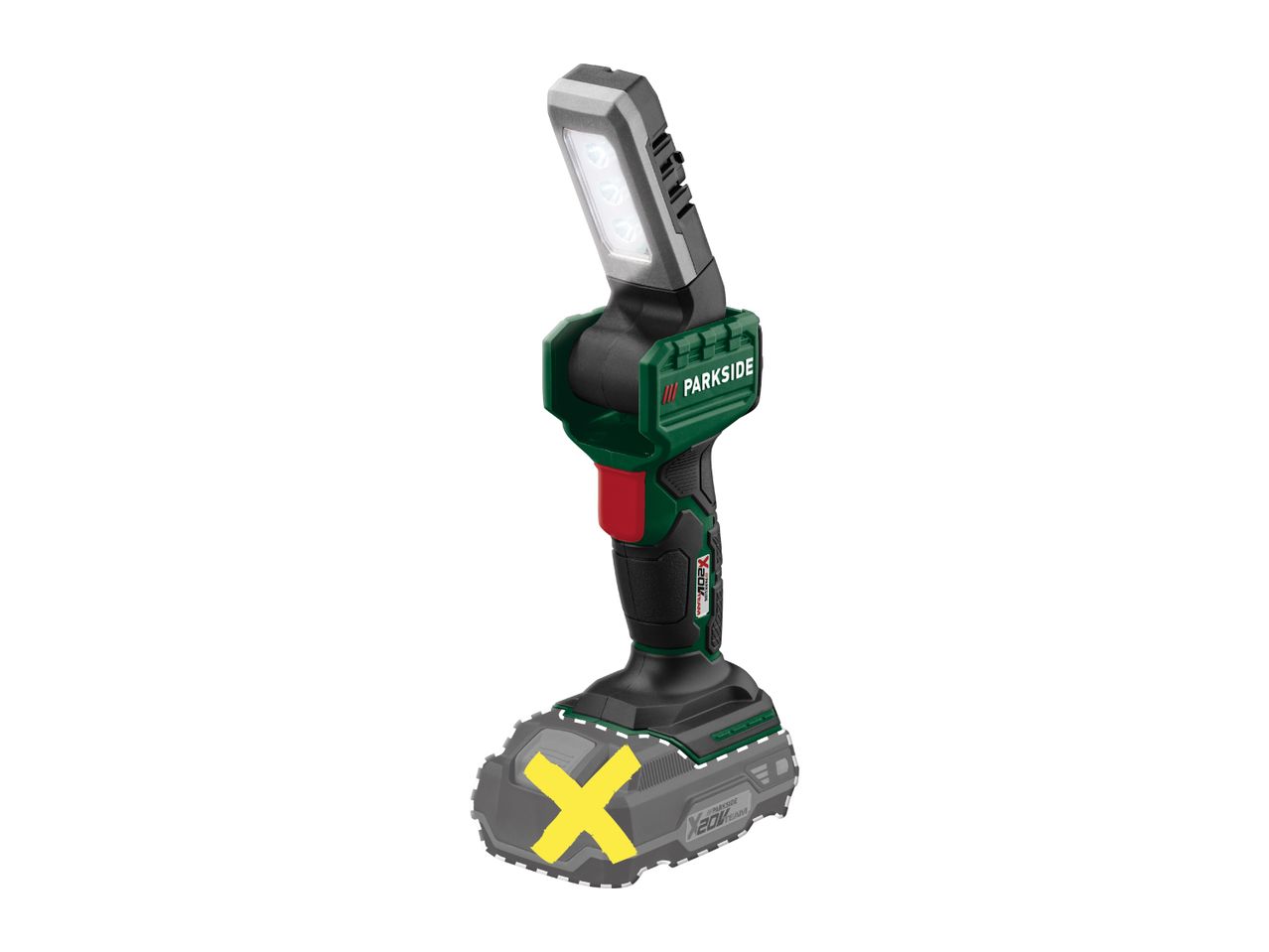 Parkside X20V Team cordless work light with a battery pack.