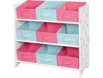 A white kids'storage unit with pink and teal fabric bins, featuring a space-themed design.