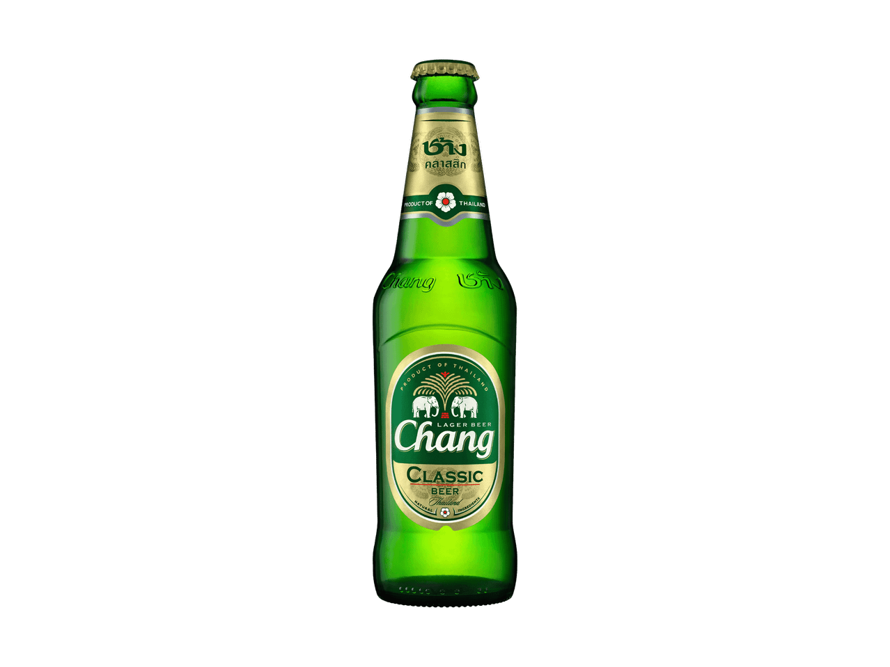 Grüne Bierflasche mit goldenem und grünem Etikett auf schwarzem Hintergrund.