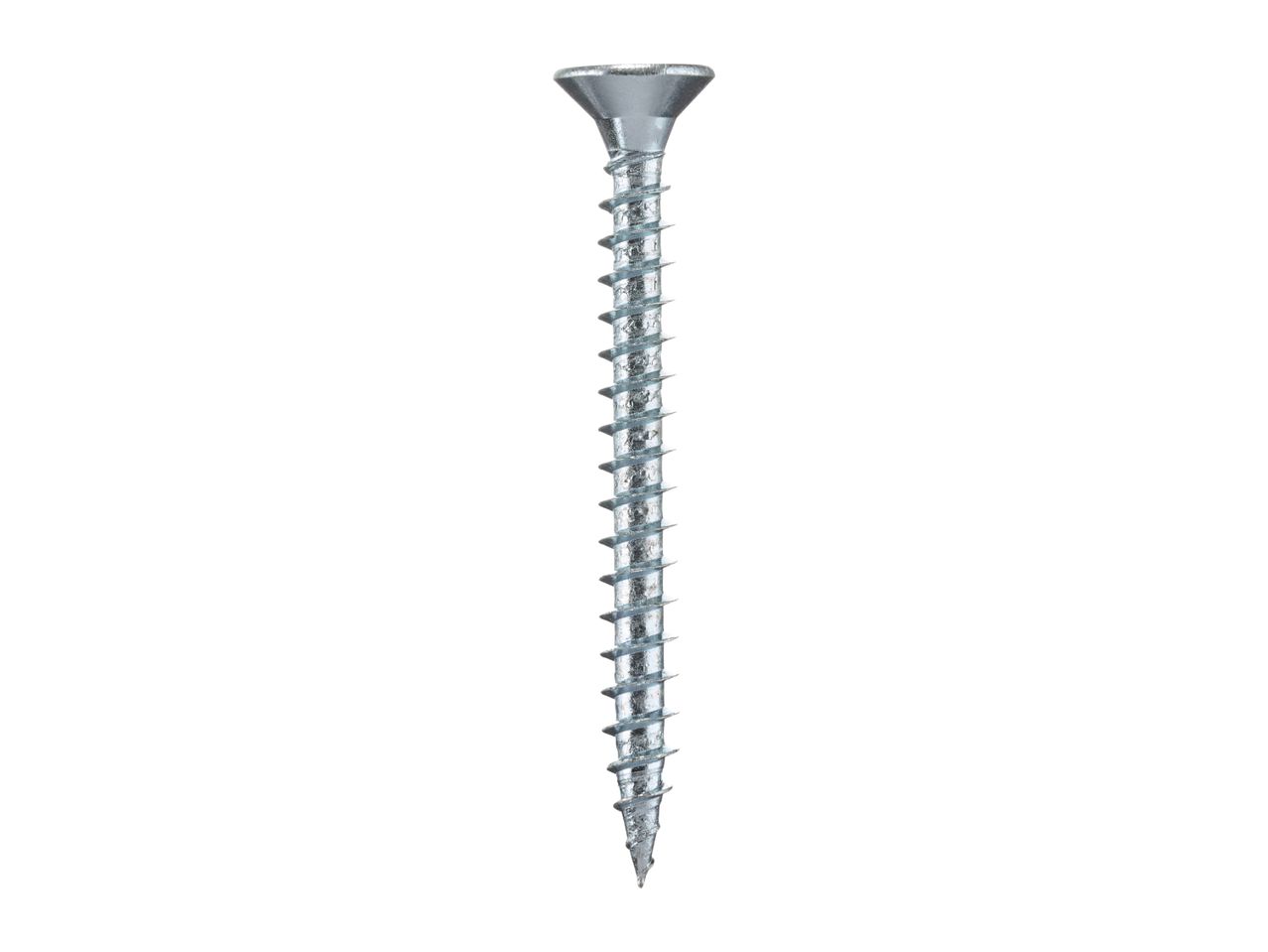 A single silver screw with a pointed tip and threaded shaft.