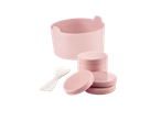 Kit de cera rosa com tigela, discos de cera e espátula.