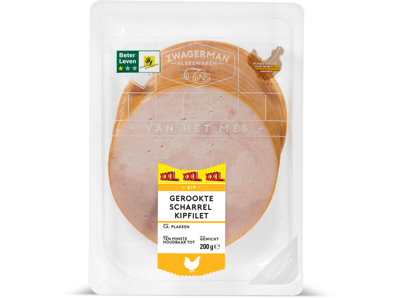 Verpakking Zwagerman Gerookte Scharrel Kipfilet met Beter Leven keurmerk, 200g.
