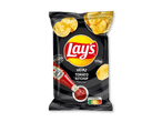 Pose med kartoffelchips med tomatsmag og ketchupflaske.