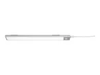 A slim, silver LED light with a motion sensor and a white cord.