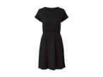 Ein schwarzes, kurzärmeliges Sommerkleid mit gerafftem Bund.