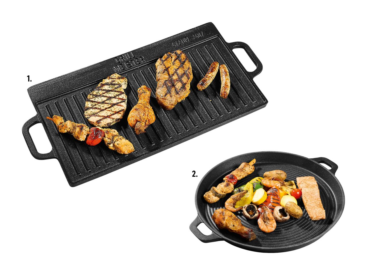 Zwei gusseiserne Grillplatten: eine rechteckige und eine runde, mit gegrilltem Essen.