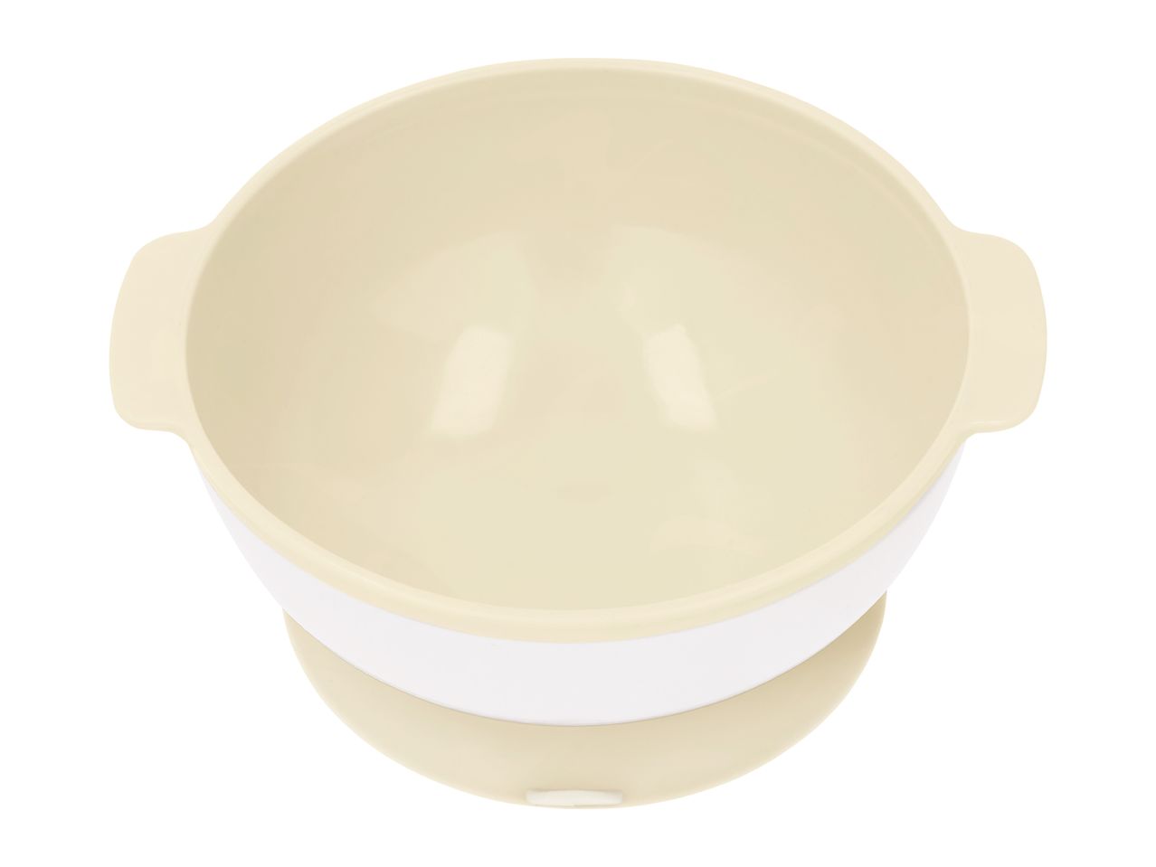 Top-down view of a two-tone baby bowl with handles, featuring a cream interior and a white exterior.