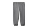 Gray sweatpants with an elastic waistband and ribbed cuffs.