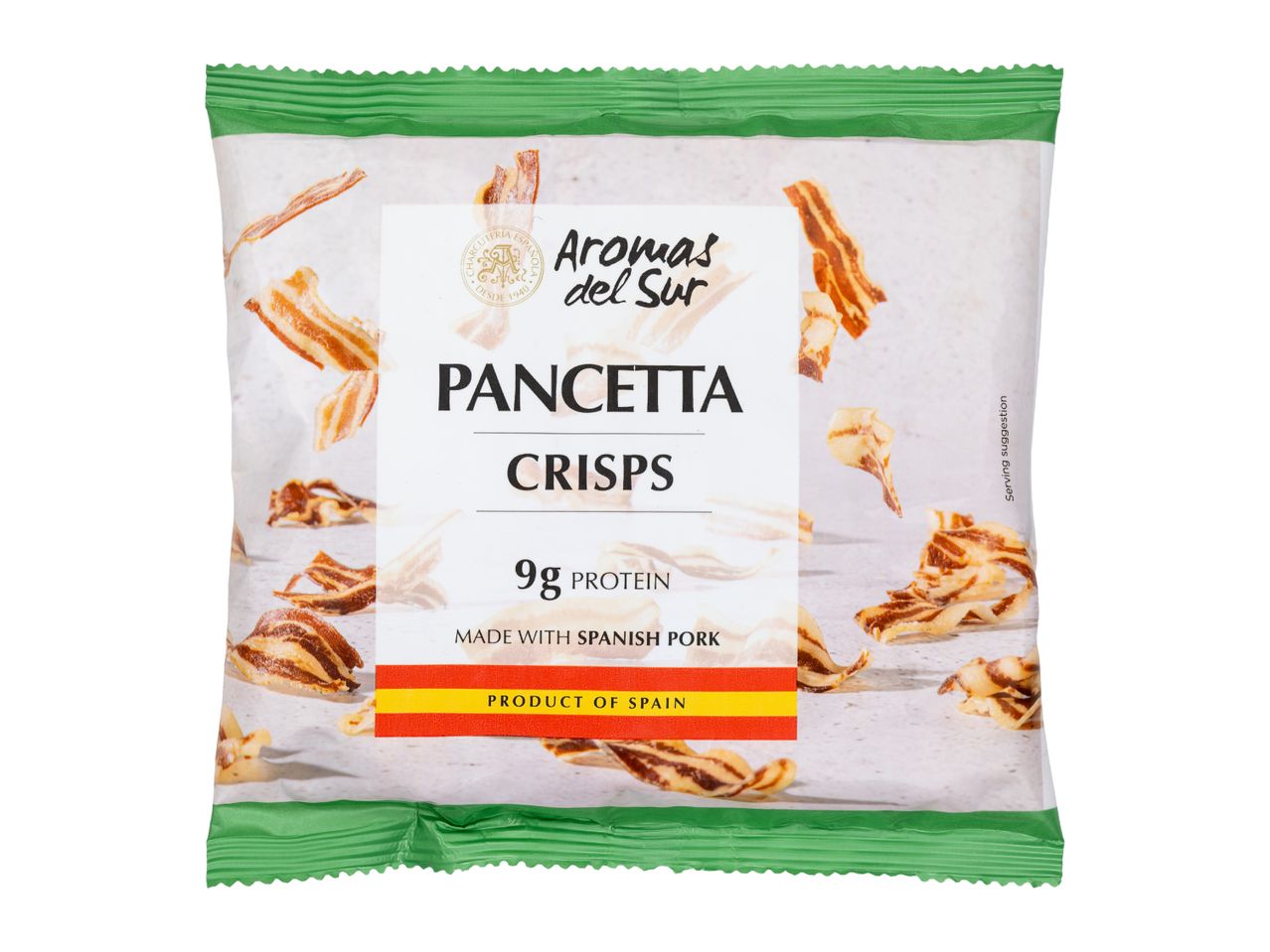 Pancetta crisps snack bag with 9g protein, made with Spanish pork.