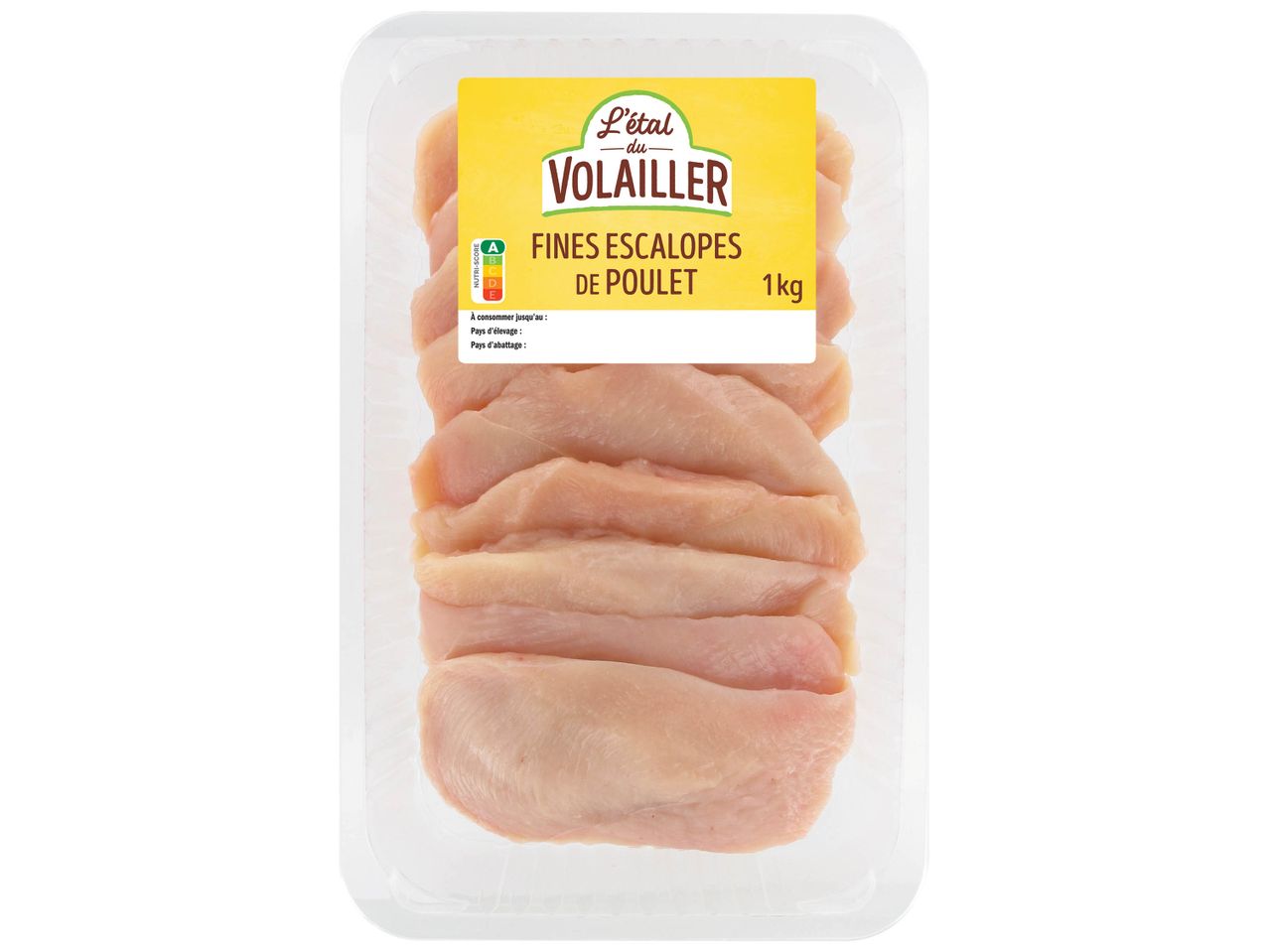 Un paquet de fines escalopes de poulet de la marque L'étal du Volailler, 1kg.