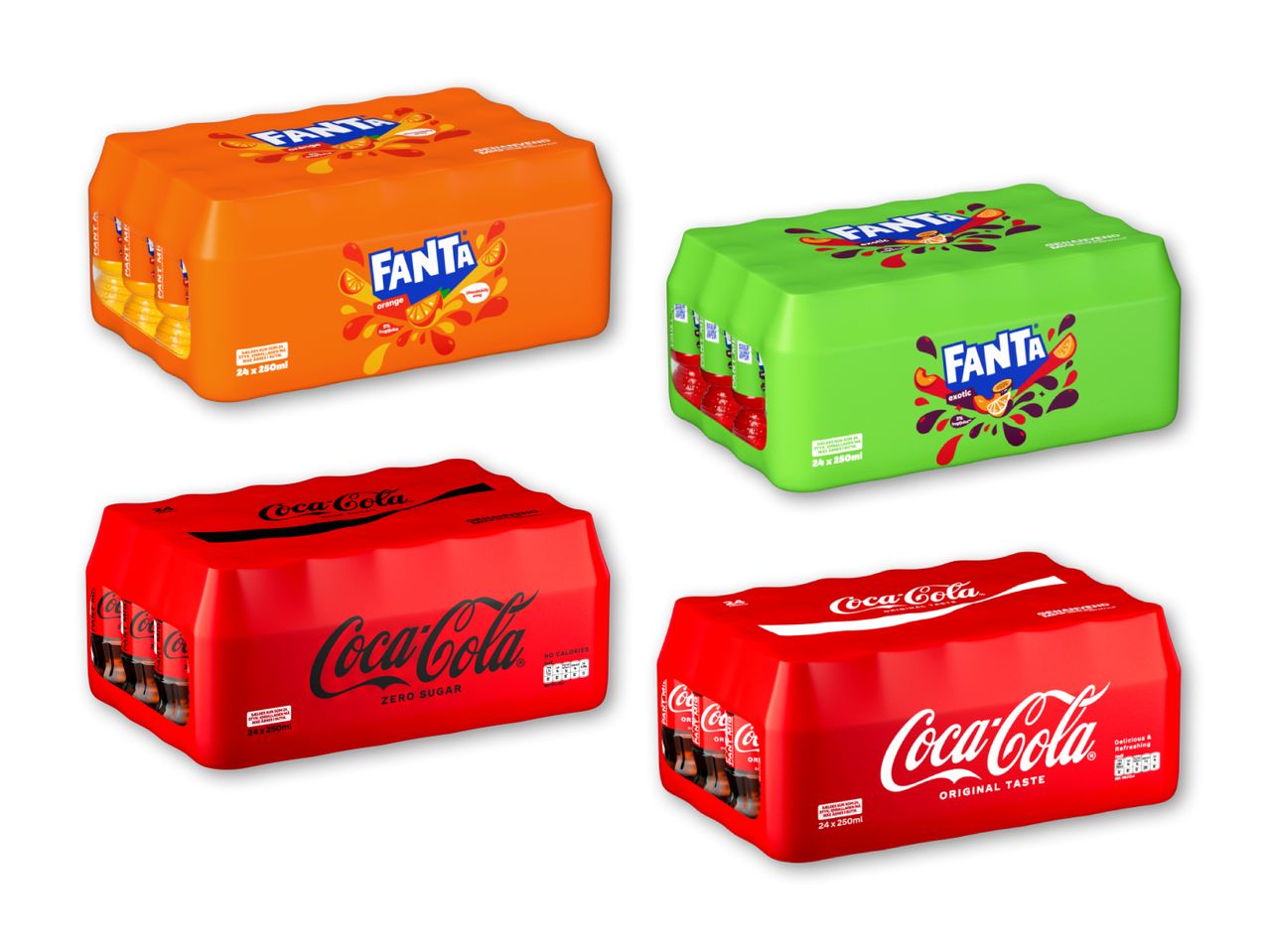 Fire pakker med 24 sodavand á 250 ml: to Fanta (orange og eksotisk) og to Coca-Cola (Zero Sugar og Original Taste).