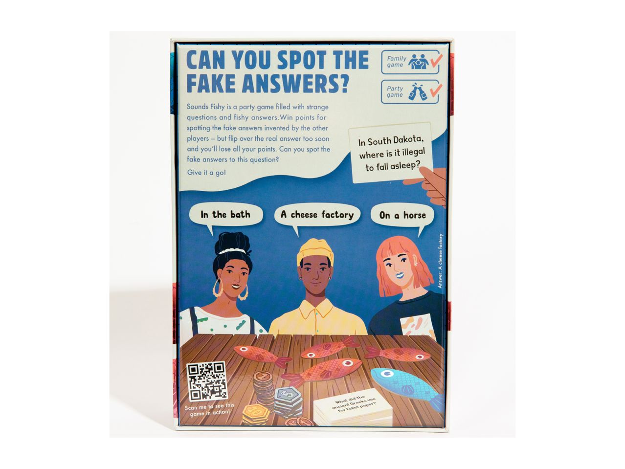 A party game box with a question about South Dakota and three possible answers.