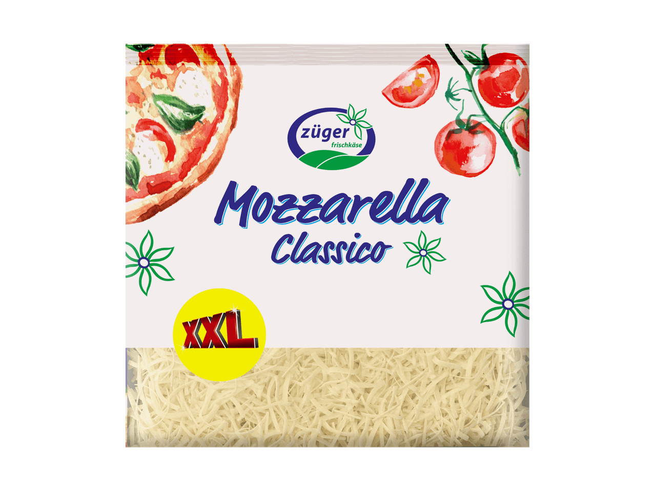 Packung Züger Mozzarella Classico XXL gerieben mit Pizza und Tomaten.
