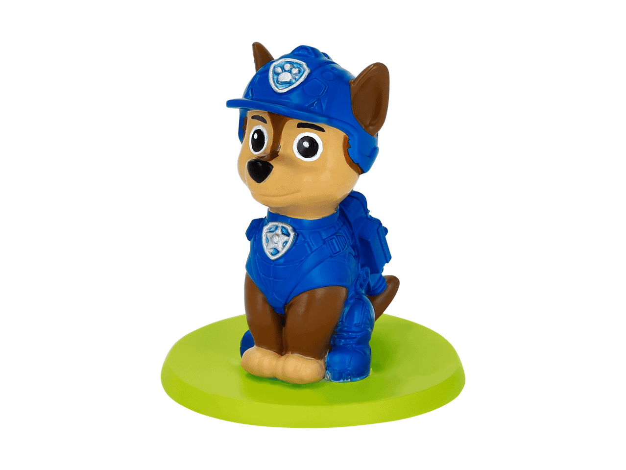En blå og brun hundefigur med en blå hjelm og uniform, siddende på en grøn base.
