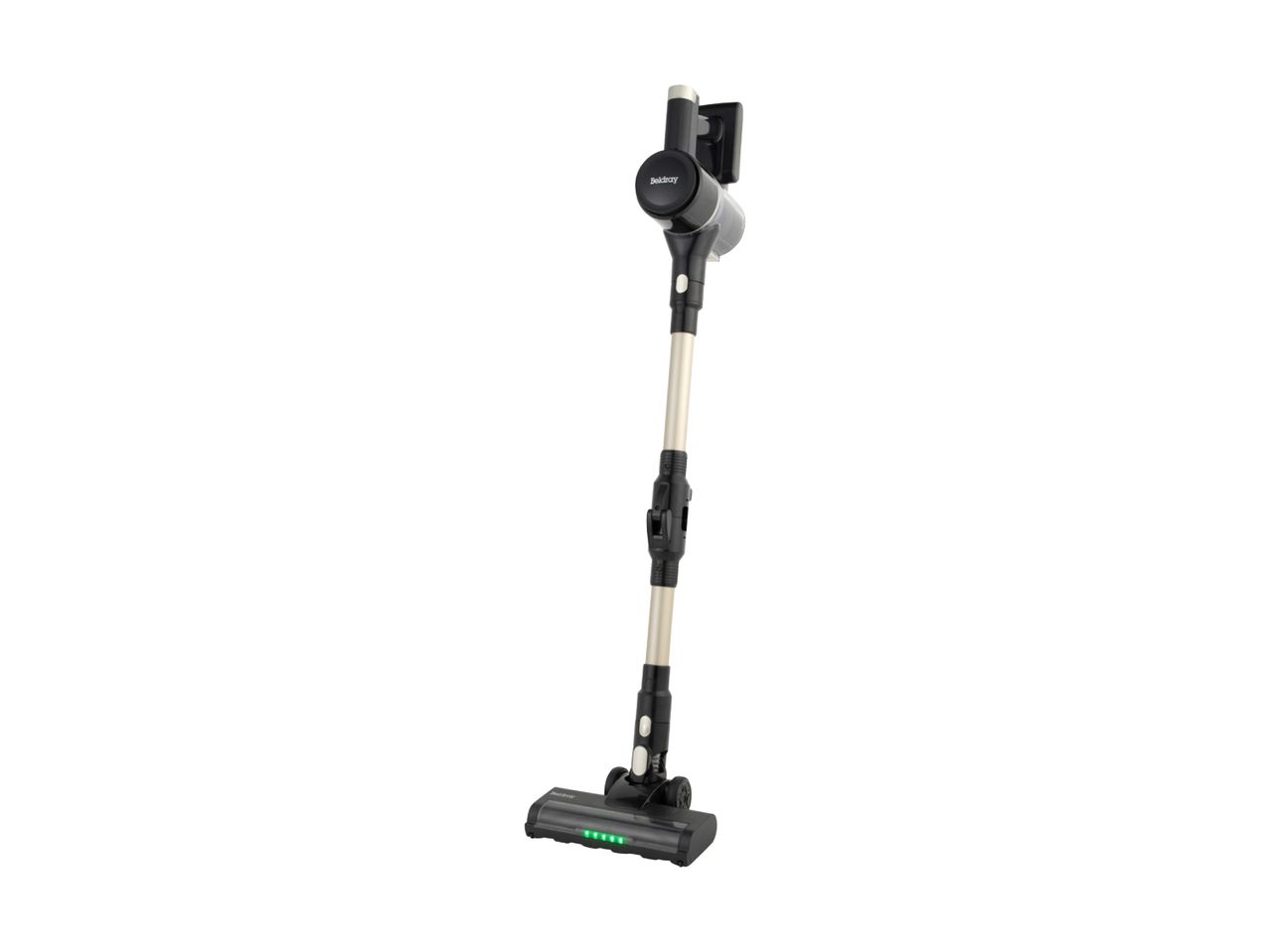 A sleek, cordless stick vacuum cleaner stands upright.