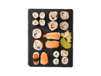 Sushi ja maki valik mustal kivil, sealhulgas lõhe, krevetid ja krabi.