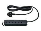 Black 3-way extension lead with a UK plug and coiled power cable