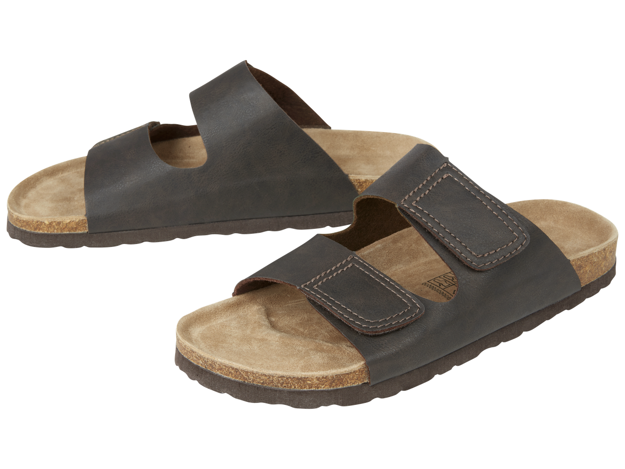 Sandales marron foncé avec semelle en liège et brides réglables.