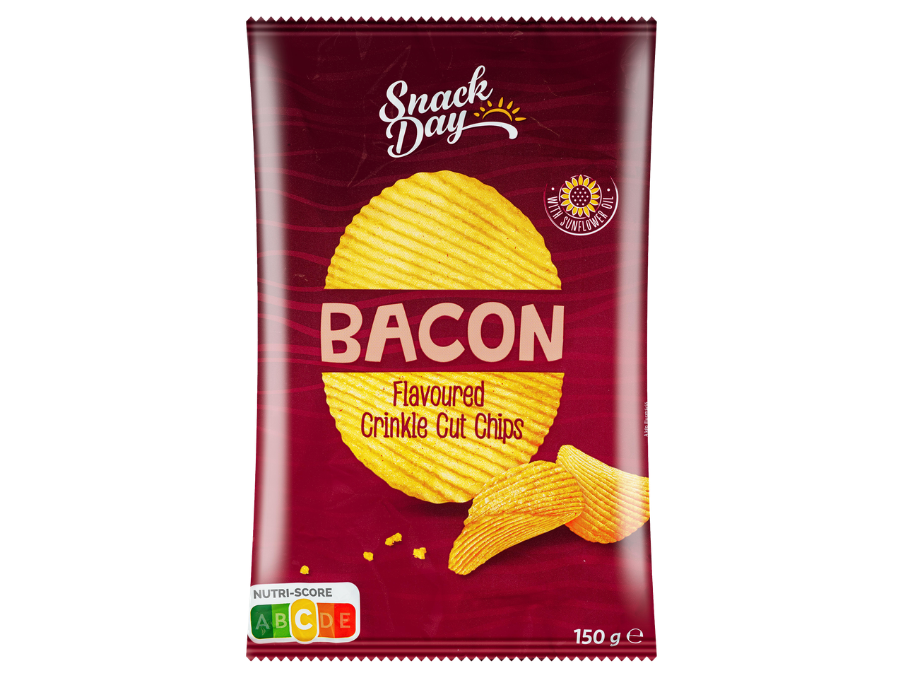 Bacon ízű, hullámos burgonyachips csomagolása, Nutri-Score A-E jelöléssel.