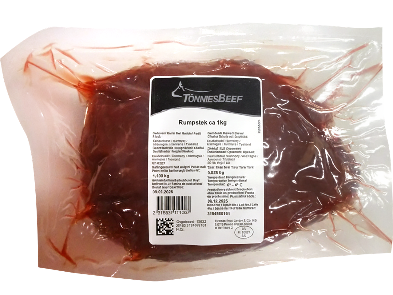 Vakuumförpackad rumpstek med en etikett som visar vikt, bäst före-datum och streckkod.