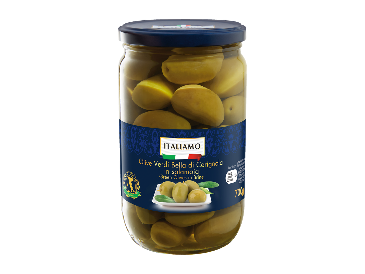 Italiamo green olives in brine.