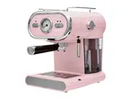 Pink retro-style espresso machine with a temperature gauge and steam wand.