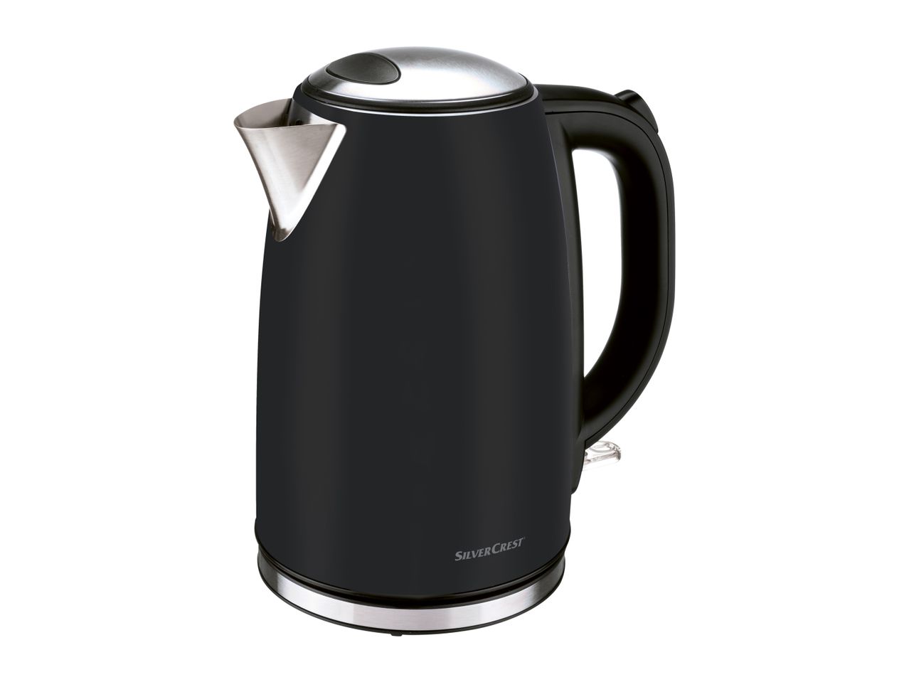 A black electric kettle with a stainless steel base and handle.