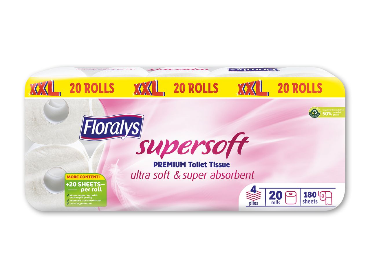 Floralys Supersoft XXL toiletpapir med 20 ruller, 4-lags, ultra blødt og super absorberende.