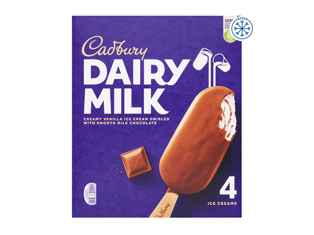 Cadbury Dairy Milk ice creams with creamy vanilla and smooth milk chocolate.