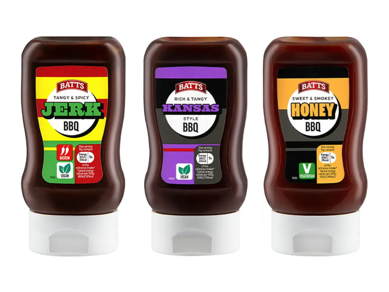 Three BBQ sauces: Tangy & Spicy Jerk, Rich & Tangy Kansas Style, and Sweet & Smokey Honey.