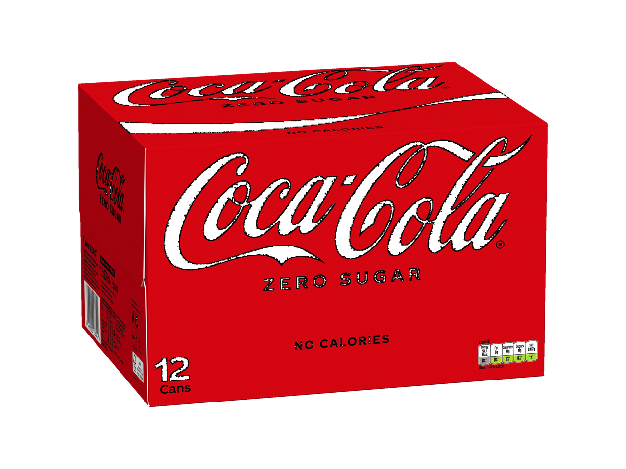 A 12-pack of Coca-Cola Zero Sugar cans in a red cardboard box.