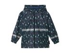 Kids' navy blue rain jacket with a raindrop pattern and reflective stripes