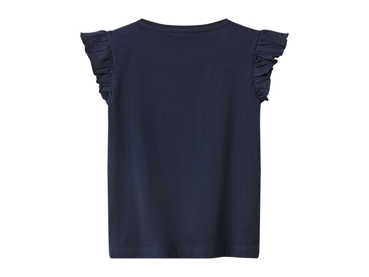 A dark blue sleeveless top with ruffled shoulders.