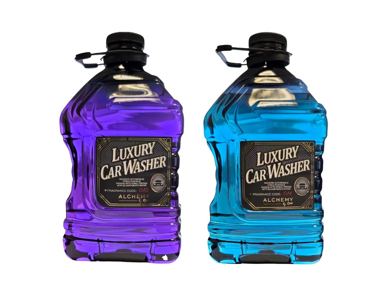 Dvi „Alchemy by RM“ prabangios automobilių plovyklos priemonės skirtingų kvapų.