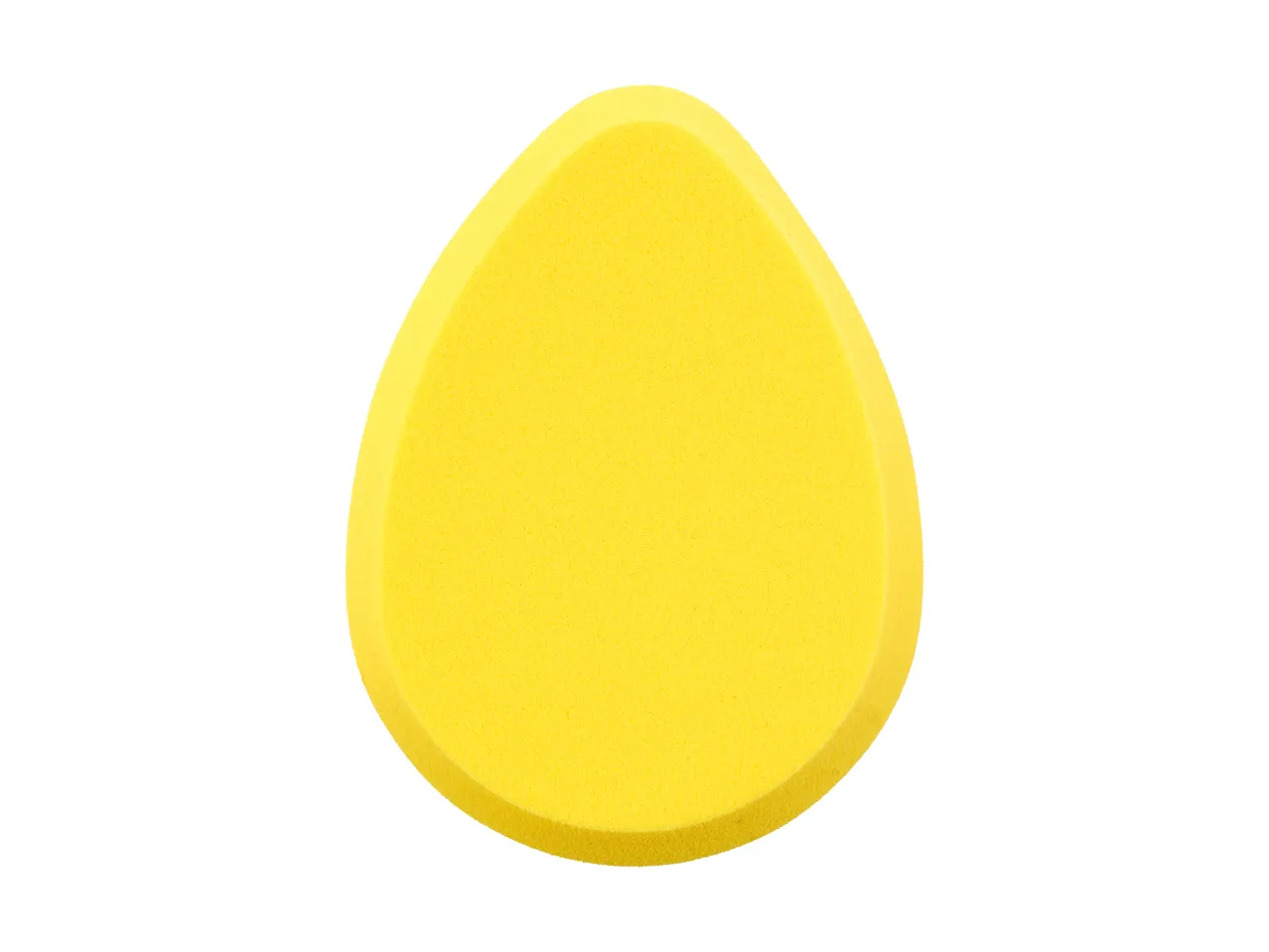 A teardrop-shaped, yellow silicone makeup sponge.