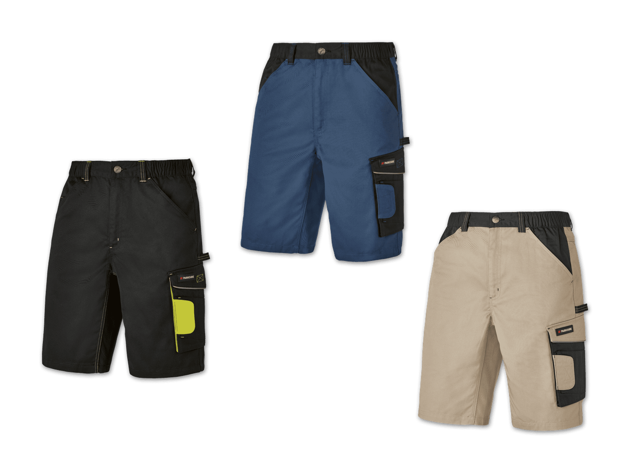 Drei Parkside Arbeitshosen in verschiedenen Farben: schwarz, blau und beige.